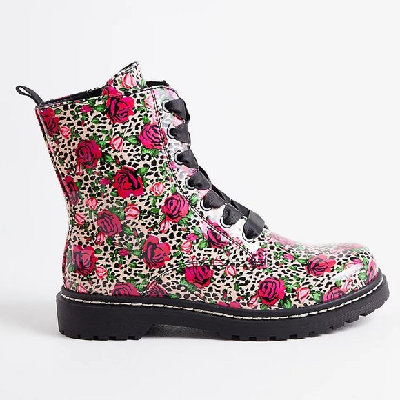 Betsey Johnson Shoes - TORRID BETSEY JOHNSON COMBAT BOOT - LEOPARD & ROSE FAUX PATENT LEATHER 11WW